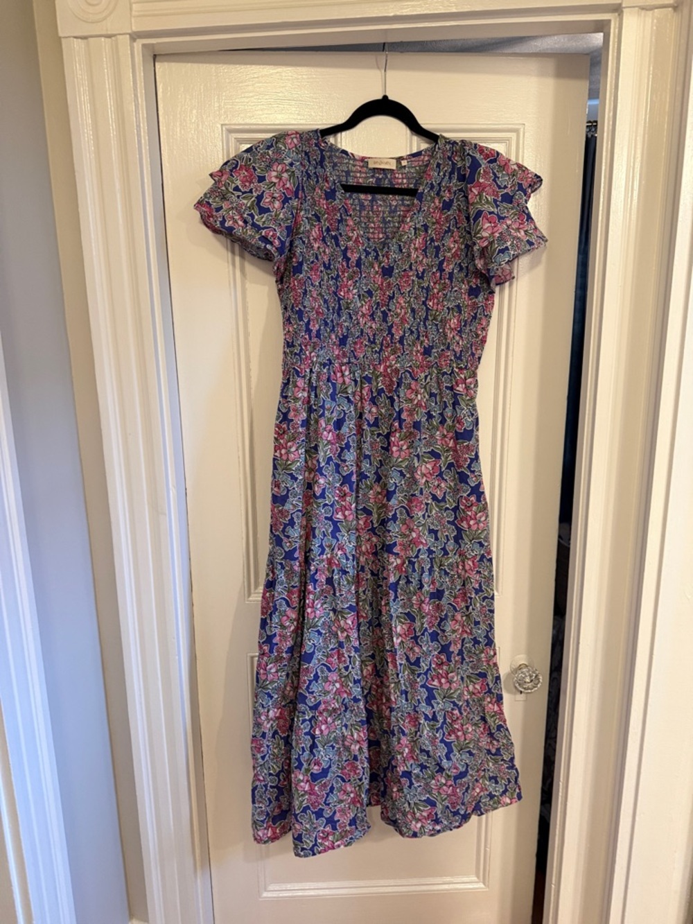 Banjanan Blue Floral Smocked Midi Dress with Pink & Green Accents size large - Picture 2 of 8